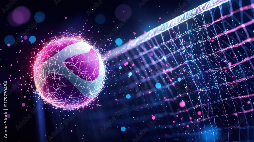 Poster Dynamic digital artwork of a volleyball hitting the net, illuminated with neon lights and flying particles.