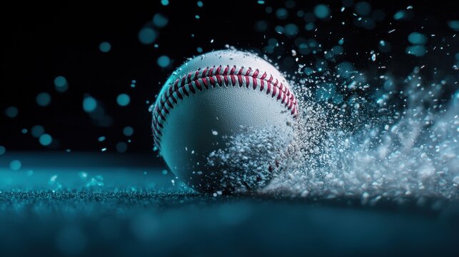 Dynamic close-up of a baseball in motion with dramatic lighting and particles, capturing the thrill of the game.