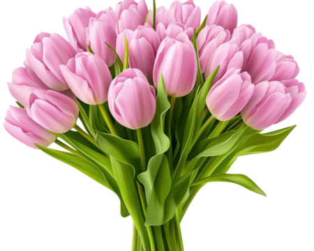 Bouquet of vibrant pink tulips, fresh and colorful against white backgroud.