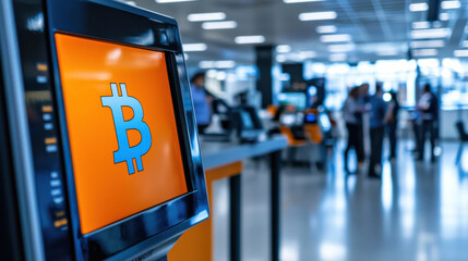 Close up of orange Bitcoin ATM screen in modern environment, showcasing digital currency technology and user interaction