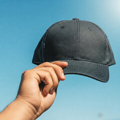 Mockup of man hand holding bright black color plain baseball cap against sky background