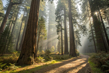 Obraz premium A vast forest with light streaming through the trees