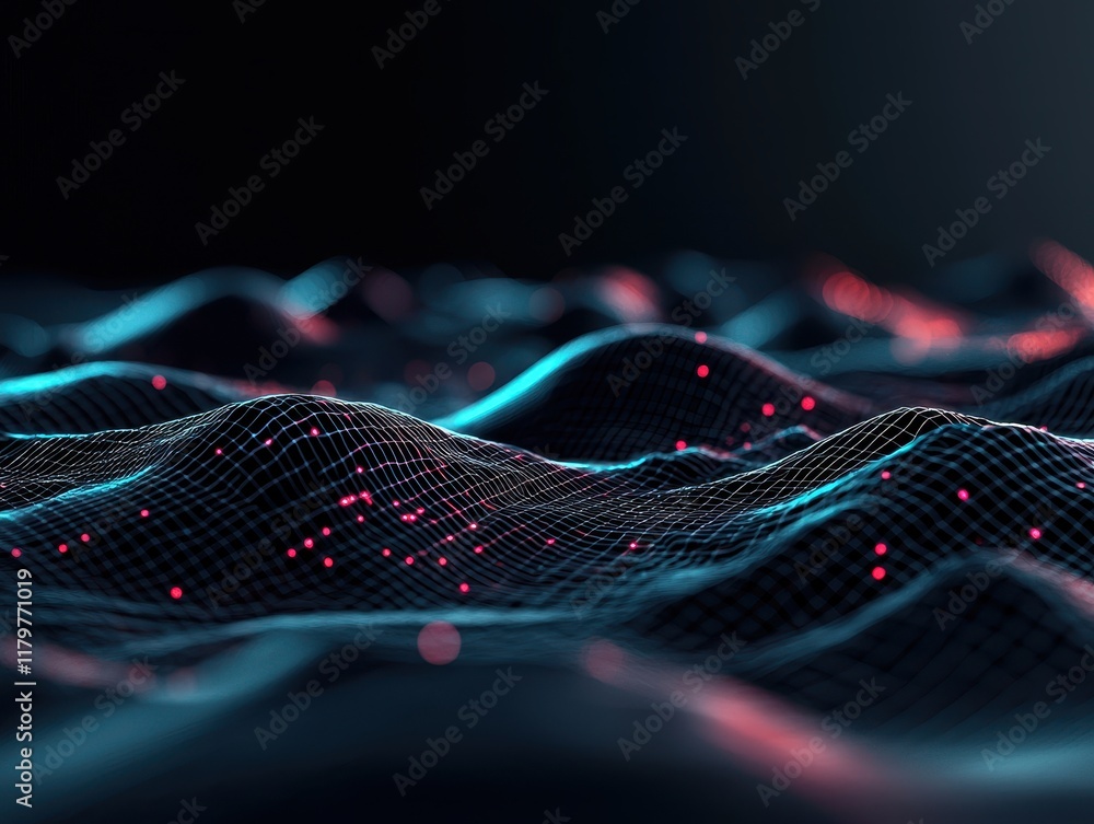 Poster a mesmerizing digital landscape featuring undulating waves of light and dots, creating an abstract, 