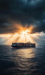 Naklejka premium A freighter ship carrying containers, set against a vast open ocean and dramatic cloudy sky with light breaking through in the distance