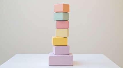 A vertical tower of pastel wooden blocks on a clean white table