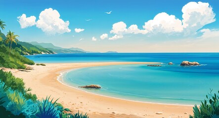 Obraz premium A peaceful coastal bay with clear shallow waters and isolated sandy beaches