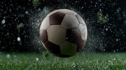 Fototapeta premium Dynamic image of a soccer ball in mid-air with water droplets, set against a green grass background, capturing motion and excitement.