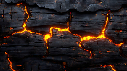 Charred wood texture with glowing lava cracks. Glowstone. Illustration