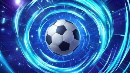 Naklejka premium Dynamic soccer ball caught in swirling blue energy vortex, symbolizing movement and excitement of the game.