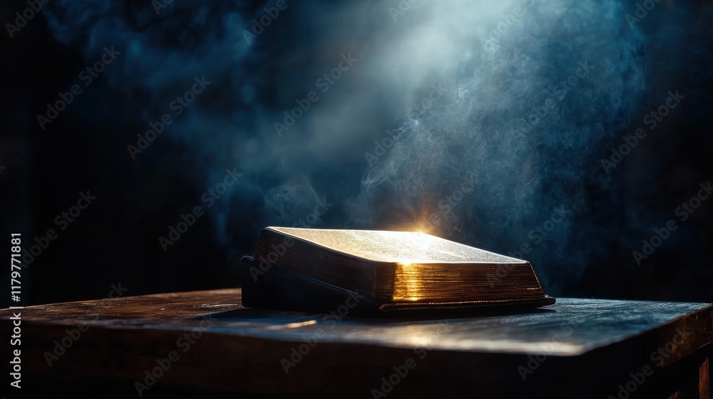 Poster a divine light illuminating a holy book placed on a small altar