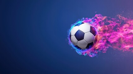 Naklejka premium Dynamic soccer ball in vibrant motion with colorful flames against a deep blue background. Energetic and exciting visual effect.