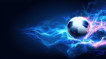 Fototapeta premium Dynamic soccer ball with vibrant energy trails on a dark background, symbolizing movement and excitement in sports.