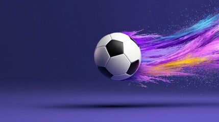 Naklejka premium Dynamic soccer ball with vibrant paint streaks, symbolizing motion and creativity on a blue background.