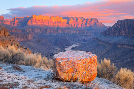 Majestic Sunset Over Snow-Covered Canyon Landscape with Red Rock Formations