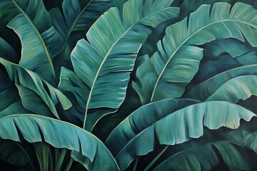 Obraz premium A close-up of large, vibrant green banana leaves in the jungle, summer background