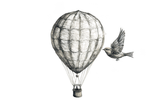Bird on a vintage air balloon sketch raster, soaring in creative wonder. PNG transparent background.