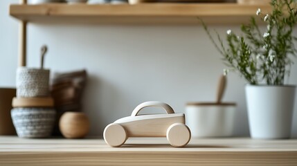 A wooden toy car on a shelf with minimal dÃ©cor in the background