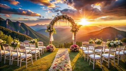 Obraz premium Luxurious Outdoor Wedding Ceremony Setup: Elegant Floral Arch, White Chairs, Scenic View