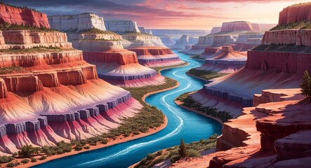 A remote canyon system with multicolored layers and winding river paths