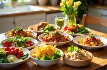 colorful plates of various healthy meals for weight loss on a dining table in bright kitchen