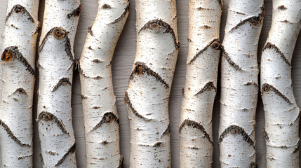 Fototapeta premium Birch Tree Bark Texture: Close-up Photography of White and Brown Branches, Nature Background Image