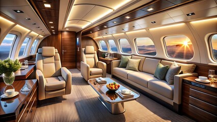 Fototapeta premium Luxurious Private Jet Cabin: Comfortable Seats, Elegant Design, Natural Light