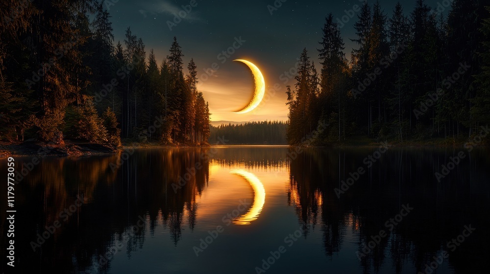 Poster a glowing crescent moon reflecting on a calm lake surrounded by tall pine trees