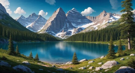 A remote mountain lake surrounded by lush forests and towering peaks