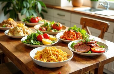 A wooden table with delicious food and drinks, inviting atmosphere