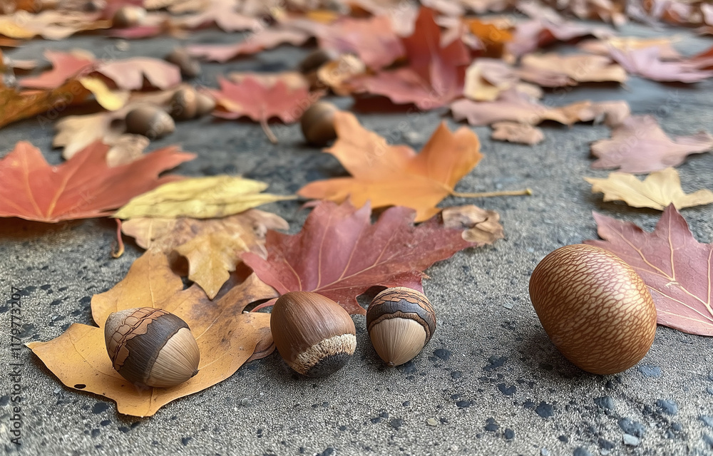 Poster a close-up of colorful autumn leaves and acorns scattered on the ground, creating an enchanting fall