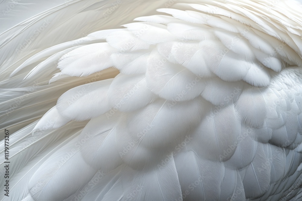 Poster close-up view of soft, fluffy white bird feathers showcasing intricate texture and layering against 
