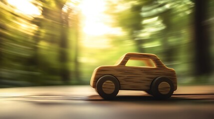 Fototapeta premium A natural wooden toy car in motion, blurred slightly for dynamic effect