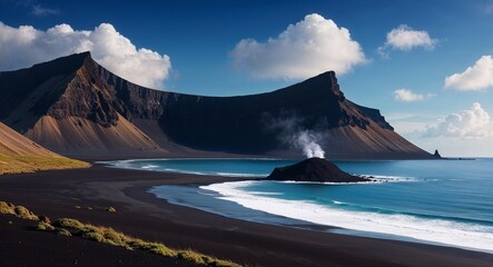 A remote volcanic island with black sand beaches and rugged cliffs