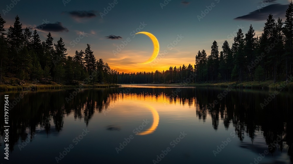 Poster a glowing crescent moon reflecting on a calm lake surrounded by tall pine trees