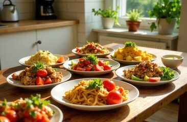 colorful plates of various healthy meals for weight loss on a dining table in bright kitchen