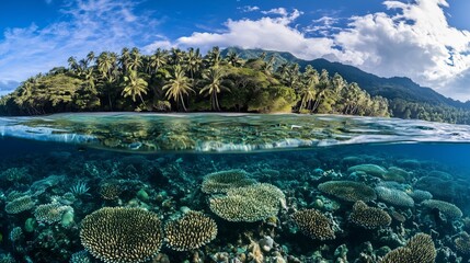 Fototapeta premium Vibrant coral reef and tropical island with swaying palm trees under a bright blue sky. Concept of marine biodiversity, snorkeling adventures, and exotic island getaways
