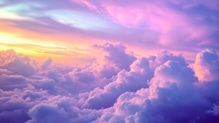 Aerial sunset view, vibrant cloudscape, above-the-clouds, pastel sky, design background