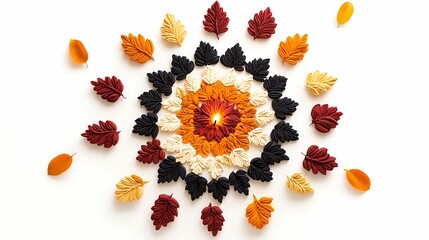 Autumn Leaves Mandala: A vibrant mandala crafted from autumn leaves in shades of orange, yellow, red, and black. The leaves form a circular pattern around a single candle.
