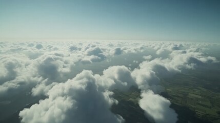 Aerial view cloudscape above green fields, sunny day, travel, nature