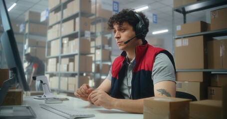 Male customer support specialist in logistics talks to customer on call using headset, uses...