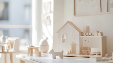 A white and wooden dollhouse with miniature furniture in a bright room