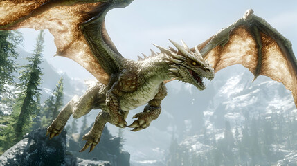 White dragon soars through snowy mountain range, forested slopes below.