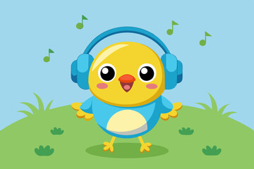 Cute Cartoon Baby Chick with Blue Headphones and Teal Shirt – Adorable Animal Illustration