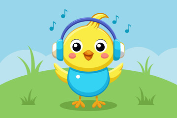 Cute Cartoon Baby Chick with Blue Headphones and Teal Shirt – Adorable Animal Illustration