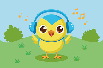 Cute Cartoon Baby Chick with Blue Headphones and Teal Shirt – Adorable Animal Illustration