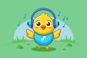 Cute Cartoon Baby Chick with Blue Headphones and Teal Shirt – Adorable Animal Illustration