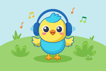 Cute Cartoon Baby Chick with Blue Headphones and Teal Shirt – Adorable Animal Illustration