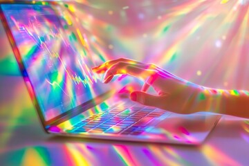 Colorful Digital Analysis with Abstract Light Effects on Laptop Screen Illustrating Data Trends and Financial Insights in Modern Technology Environment