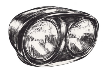 Car headlamp light sketch, auto light bulb illustration in fine engraving, highlighting innovation. PNG transparent background.