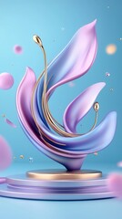 Abstract Purple and Blue Liquid Swirls with Gold Accents on a Pastel Platform